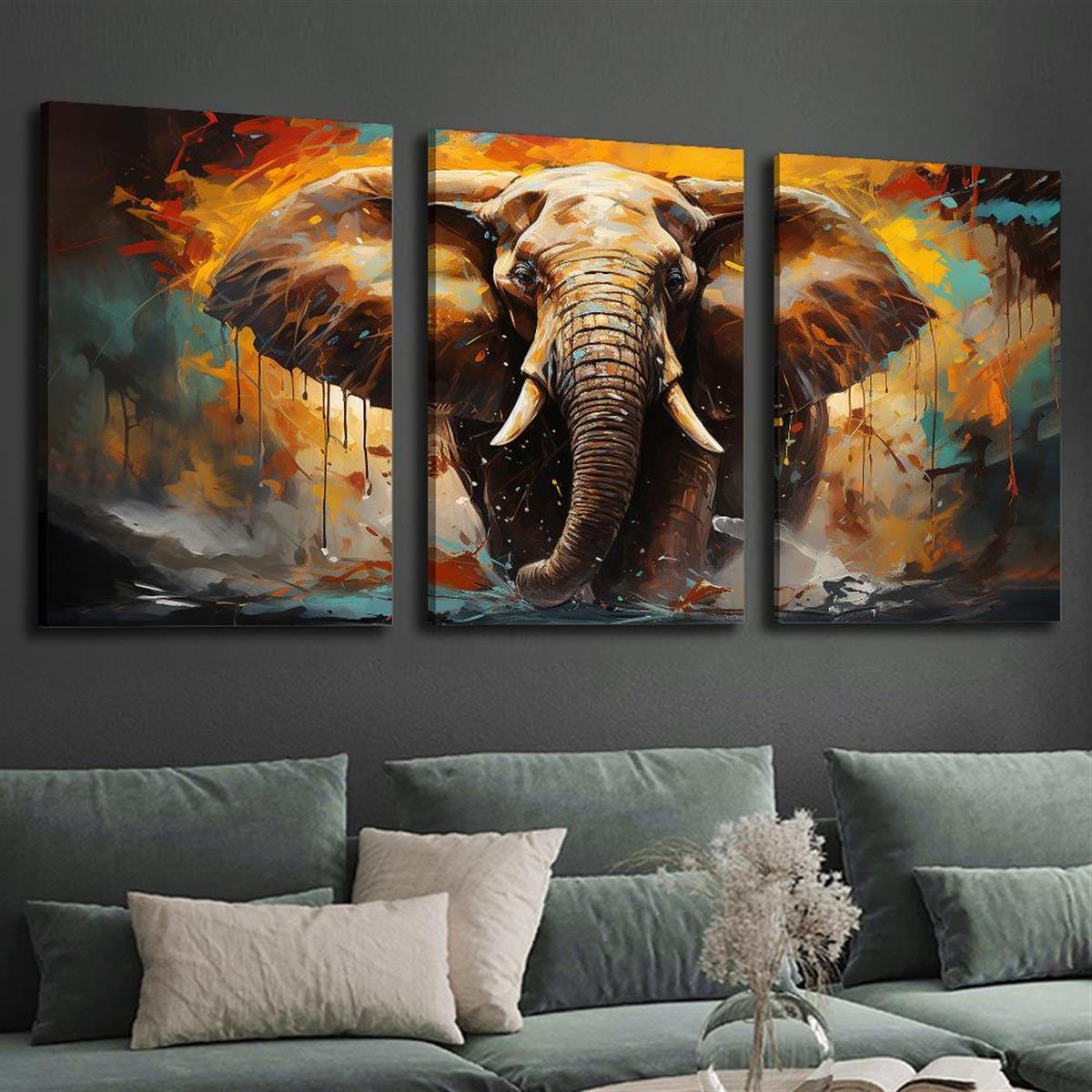 3pcs Wood Frame Canvas Print Decorative Painting, Elephant Illustration, Pop Art, Retro Elephant Illustration, Keywords Wildlife Decorative Painting, Indoor Home Wall Decoration Art