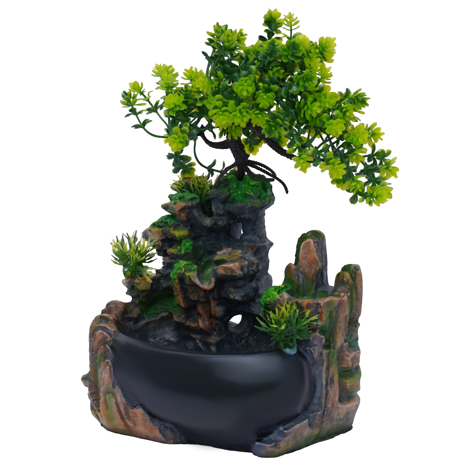Indoor Resin Rockery Desktop Decoration - Miniature Zen Garden Bonsai Tree with Waterfall & Green Foliage, Self-Sustaining Ecosystem in Jar, No Electricity Needed, Durable Resin Material for Home Office Decor, Holiday Gift (H
