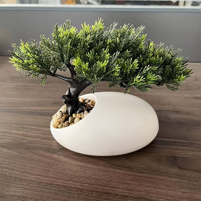 1pc Handmade Artificial Pine Topiary Tree with Lush Green Leaves & Intricate Branches - Realistic Miniature Plastic Plant in Sleek White Pot for Indoor/Outdoor Weddings, Parties, Holidays - All-Season Home & Garden Decor, No