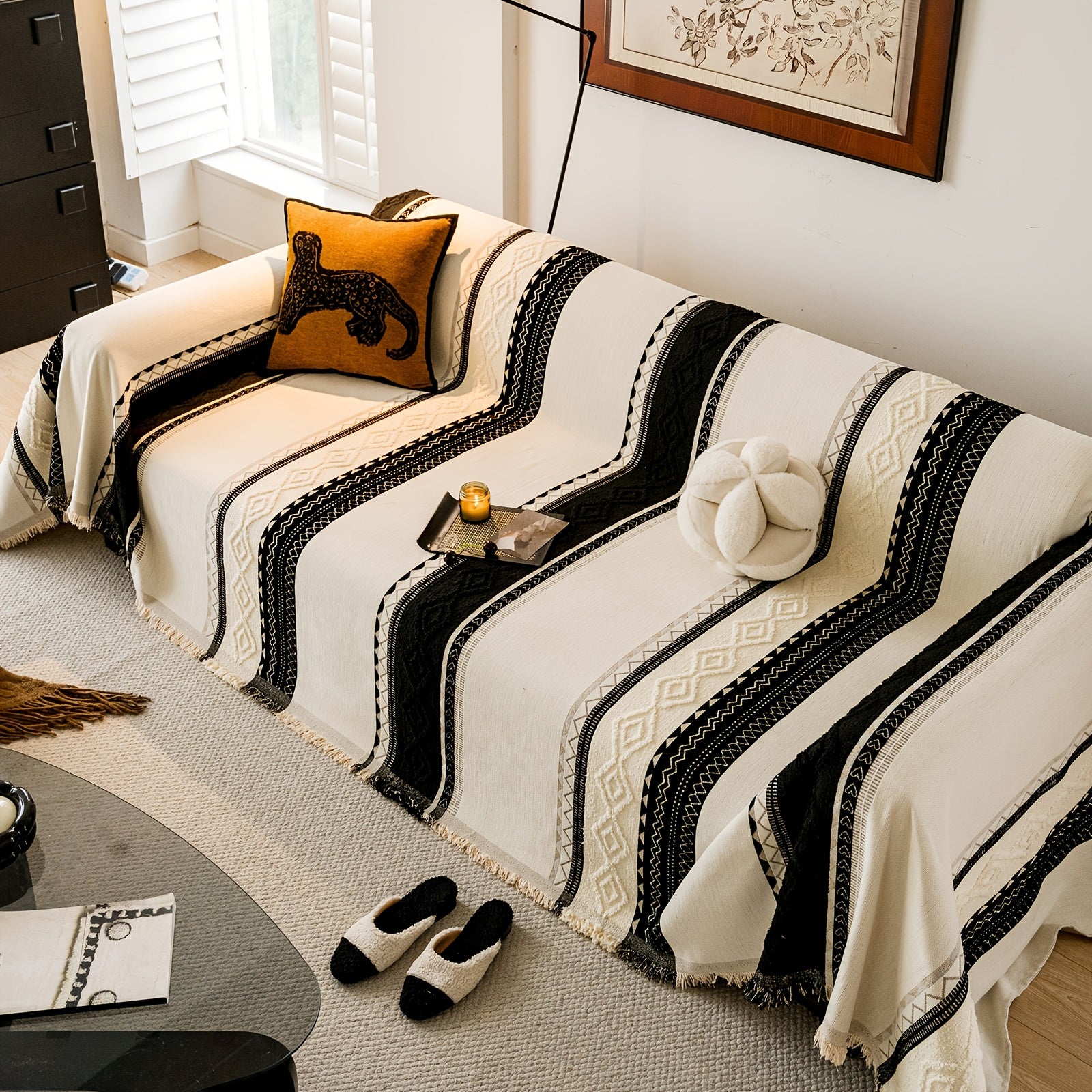 [Stylish Elegance] Bohemian Style Chenille Blend Sofa Throw | Pet-Friendly Jacquard Weave | Multi-Size for Single, Double, Triple & Sectional Sofas | Black and White Geometric Patterns | Machine Washable | Cozy Home Decor, So