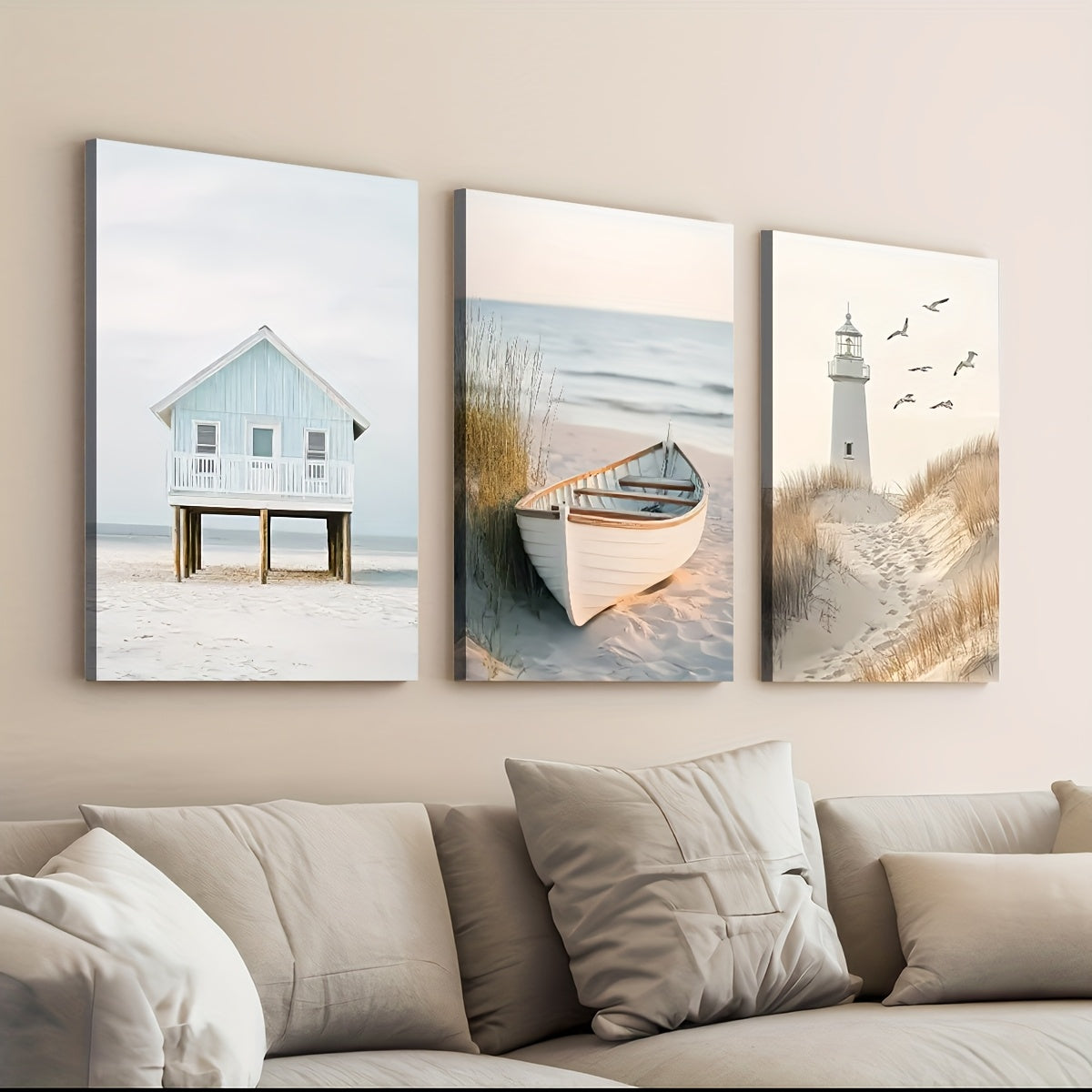 2D Flat, 3pcs 2D/Flat Print, Framed Canvas Painting And Poster, Ready to Hanging, Modern And Simple Seaside Art Scenery, Sailing, Home Decor, Wall Art, Room Decoration, Holiday Gift, Living Room, Bedroom, Dining Room, Office