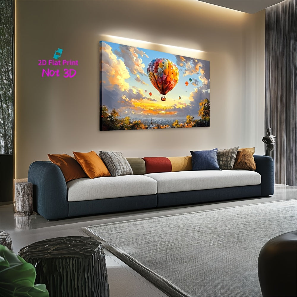 2D Flat, Hot Air Balloons Flying Over A City At Sunset Large Wooden Framed Wall Art Home Decor Canvas Painting- for Bedroom, Bathroom, Living Room, Office, Kitchen, Holiday Gift- 1pc, Office Decor, Home Decoration, Cityscape