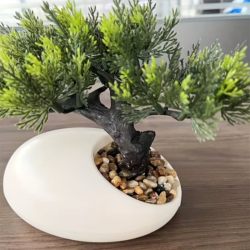 1pc Handmade Artificial Pine Topiary Tree with Lush Green Leaves & Intricate Branches - Realistic Miniature Plastic Plant in Sleek White Pot for Indoor/Outdoor Weddings, Parties, Holidays - All-Season Home & Garden Decor, No