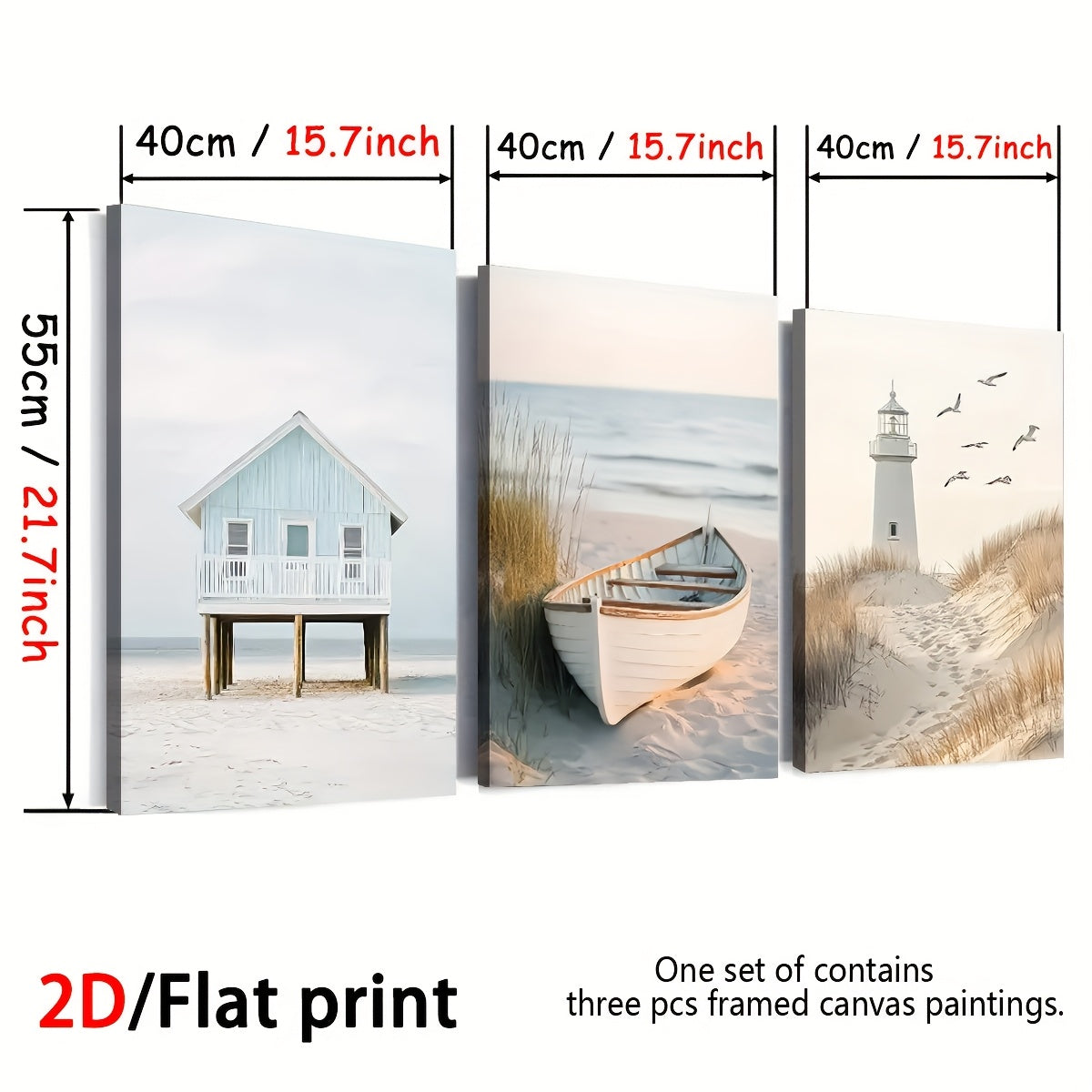 2D Flat, 3pcs 2D/Flat Print, Framed Canvas Painting And Poster, Ready to Hanging, Modern And Simple Seaside Art Scenery, Sailing, Home Decor, Wall Art, Room Decoration, Holiday Gift, Living Room, Bedroom, Dining Room, Office