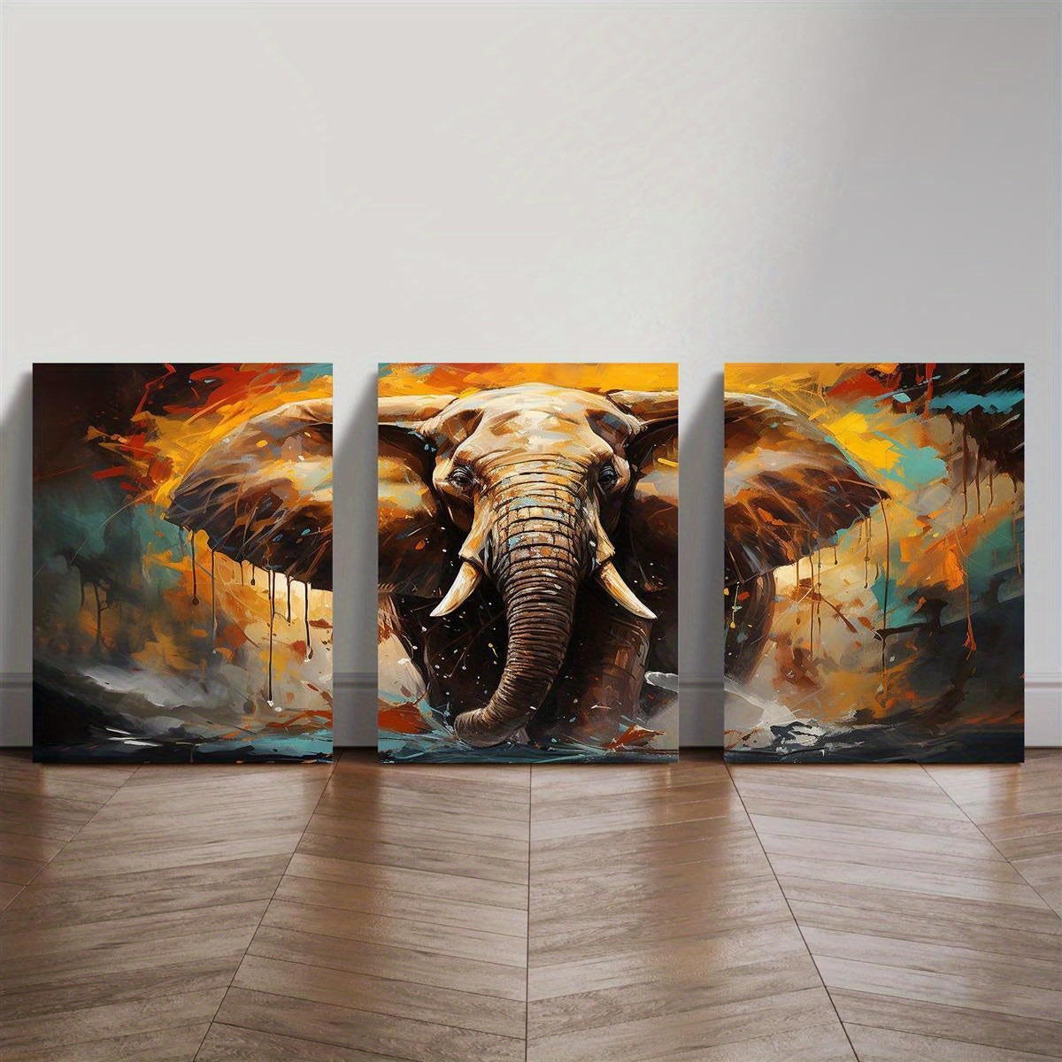 3pcs Wood Frame Canvas Print Decorative Painting, Elephant Illustration, Pop Art, Retro Elephant Illustration, Keywords Wildlife Decorative Painting, Indoor Home Wall Decoration Art