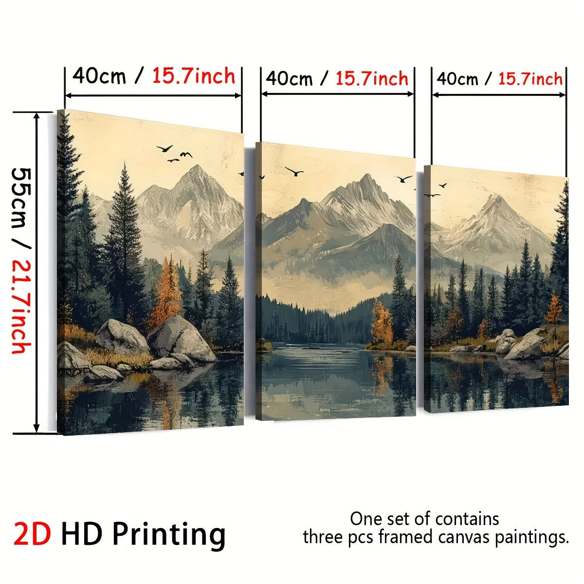 2D Flat, 3pcs 2D/Flat print, Framed canvas painting and poster, Ready to Hanging, Modern Wind Natural Forest Mountain Scenery, Home Decor, Wall art, Room Decor, Printing, Holiday gift, Living Room, Bedroom, Dining Room, Offic