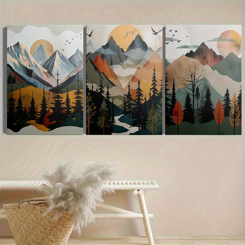 3 Framed Canvas Paintings And Posters, Ready to Hang, Including Frame, Abstract Mountain Forest Landscape Home Decor, Wall Art, Room Decor, HD Print, Holiday Gift, Living Room, Bedroom, Dining Room, Office Decor Painting with