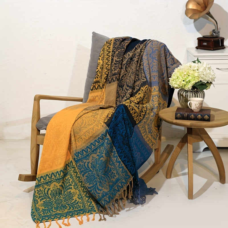 1pc Boho Throw Blanket Nap Blanket Sofa Towel Casual Jacquard Chenille Tassel Blanket Bedspread