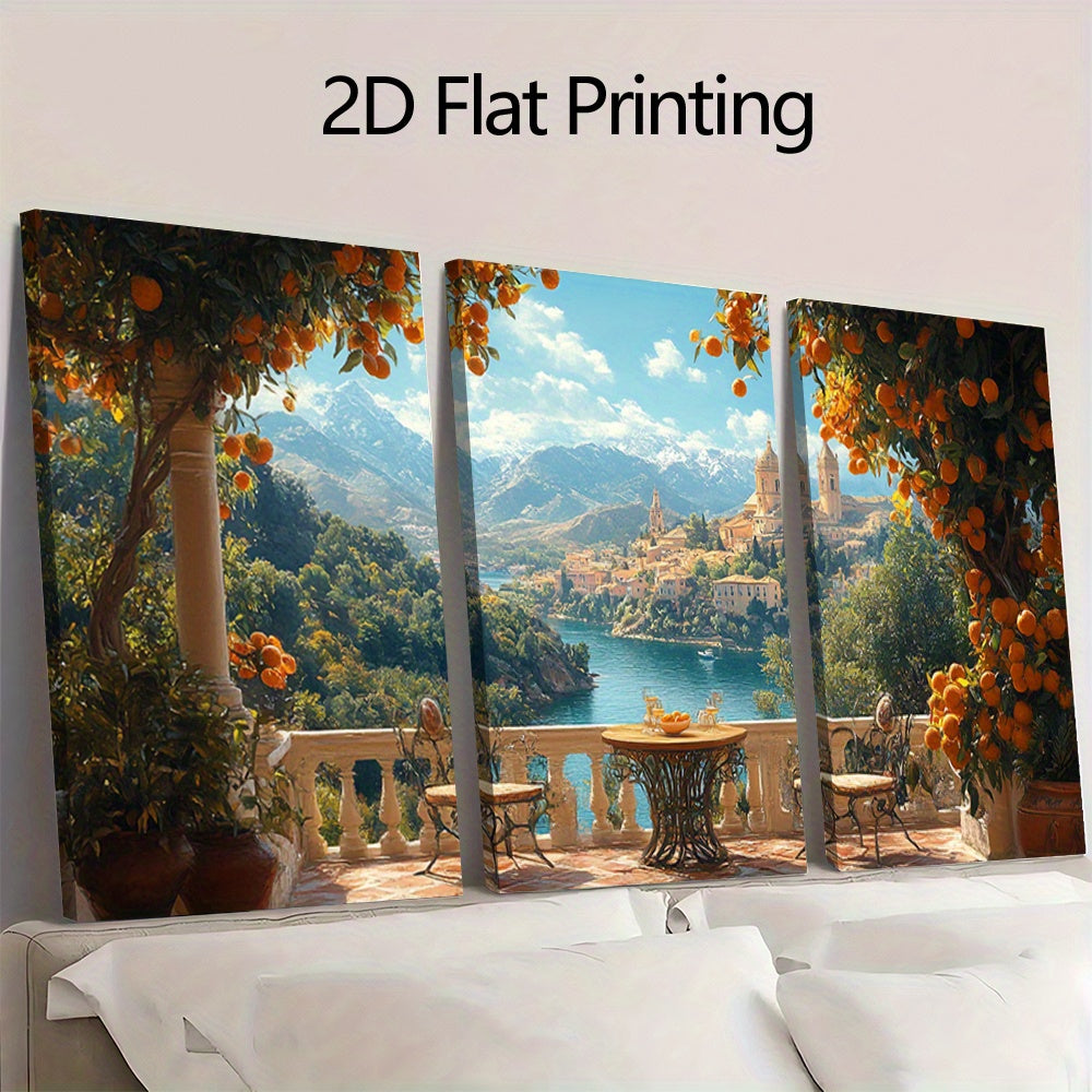 3pcs Andalusia Mediterranean Canvas Art Print, 39.88x59.94cm - Spanish Architecture & Orange Tree Wall Decor, Wooden Frame, Elegant Home or Office Decoration, Spanish Home Decor