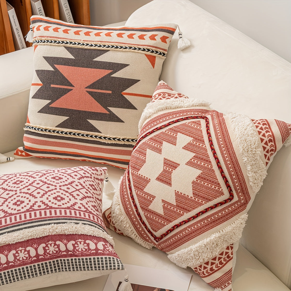 Bohemian Style Woven Throw Pillow Covers with Geometric Patterns and Tassels - Machine Washable Polyester Zippered Square Cushion Cases for Home Decor, Sofa, and Outdoor - 44.96cm Pack of 1