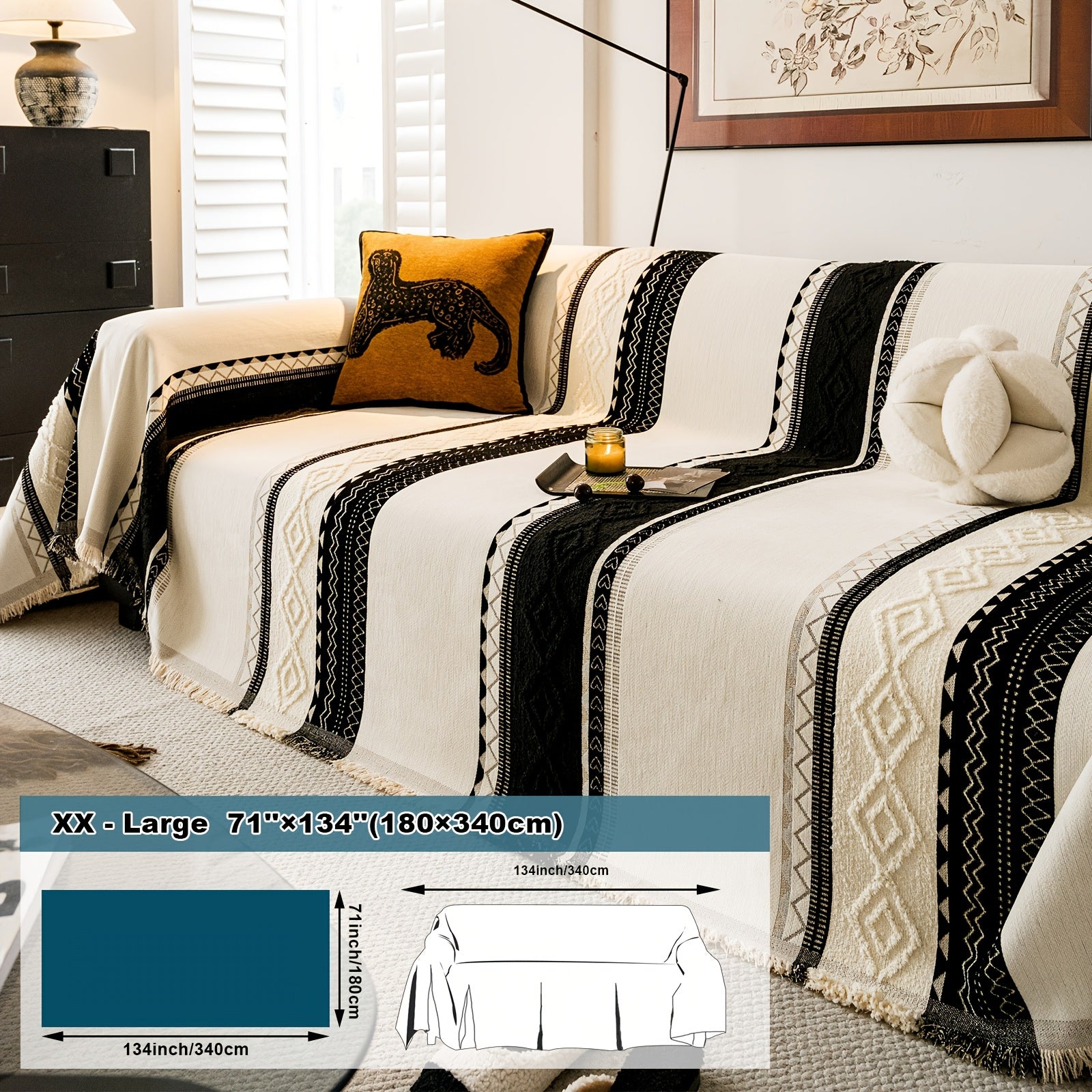 [Stylish Elegance] Bohemian Style Chenille Blend Sofa Throw | Pet-Friendly Jacquard Weave | Multi-Size for Single, Double, Triple & Sectional Sofas | Black and White Geometric Patterns | Machine Washable | Cozy Home Decor, So