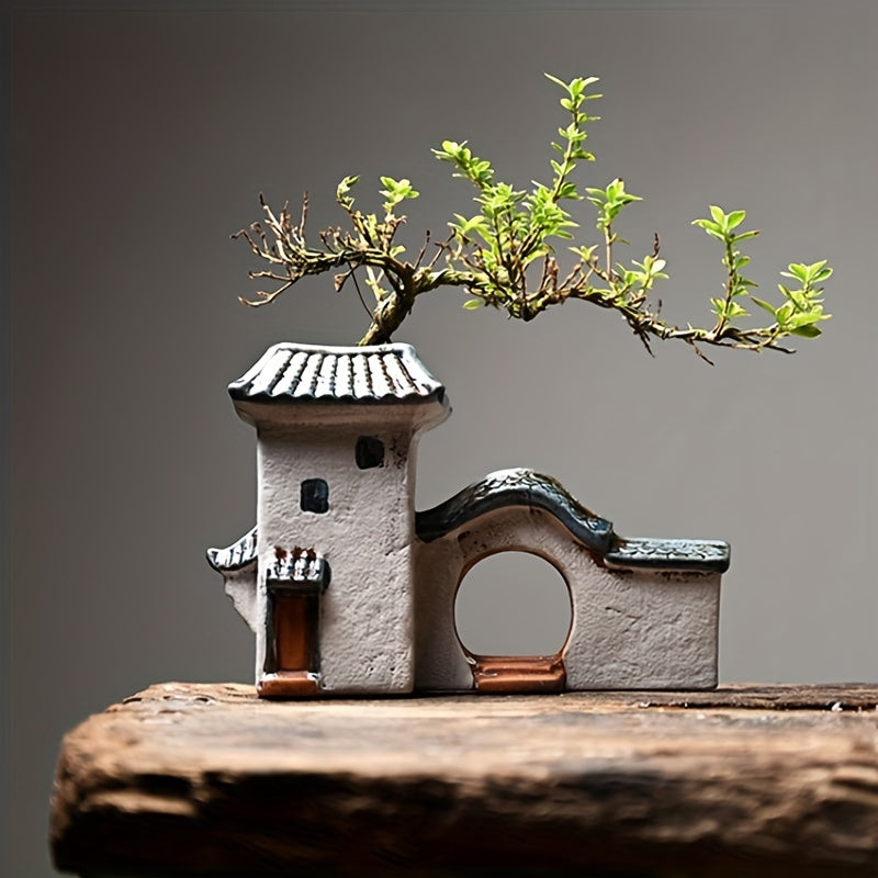 Modern Ceramic Zen House Succulent Planter – Indoor/Outdoor Decorative Bonsai Pot with Pagoda Roof, White Ceramic Miniature Landscape for Home or Office (Plants Not Included), Zen Garden Accessories