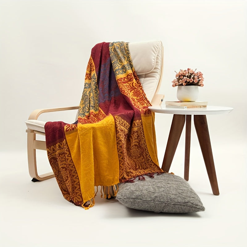 1pc Boho Throw Blanket Nap Blanket Sofa Towel Casual Jacquard Chenille Tassel Blanket Bedspread