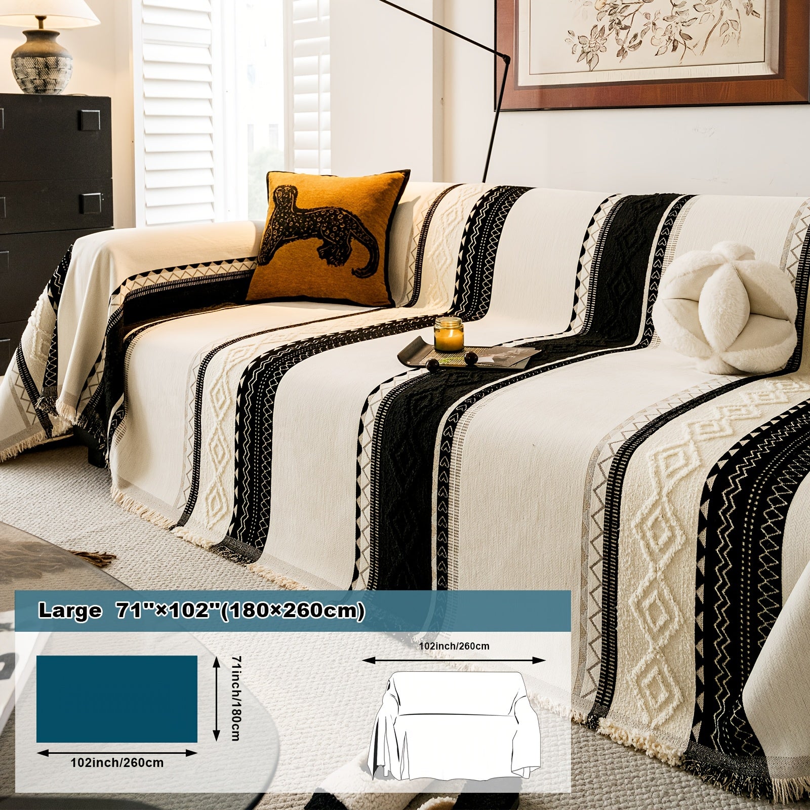 [Stylish Elegance] Bohemian Style Chenille Blend Sofa Throw | Pet-Friendly Jacquard Weave | Multi-Size for Single, Double, Triple & Sectional Sofas | Black and White Geometric Patterns | Machine Washable | Cozy Home Decor, So