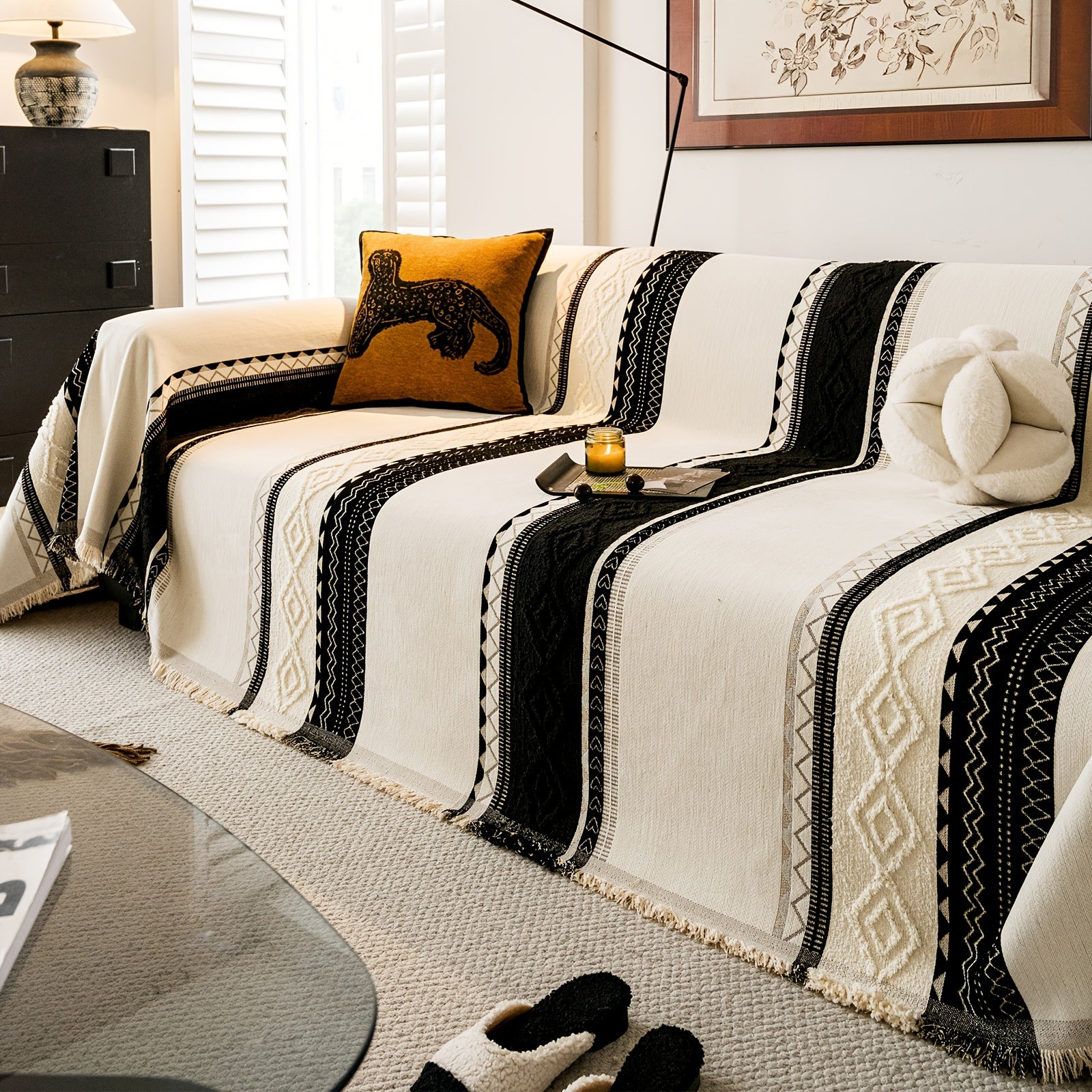 [Stylish Elegance] Bohemian Style Chenille Blend Sofa Throw | Pet-Friendly Jacquard Weave | Multi-Size for Single, Double, Triple & Sectional Sofas | Black and White Geometric Patterns | Machine Washable | Cozy Home Decor, So