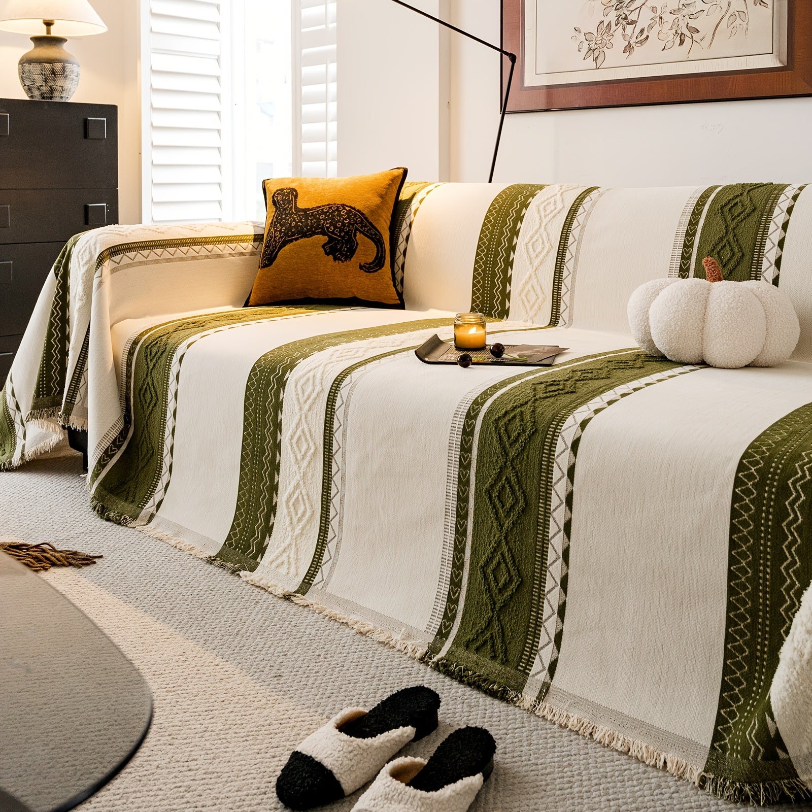 [Stylish Elegance] Bohemian Style Chenille Blend Sofa Throw | Pet-Friendly Jacquard Weave | Multi-Size for Single, Double, Triple & Sectional Sofas | Black and White Geometric Patterns | Machine Washable | Cozy Home Decor, So