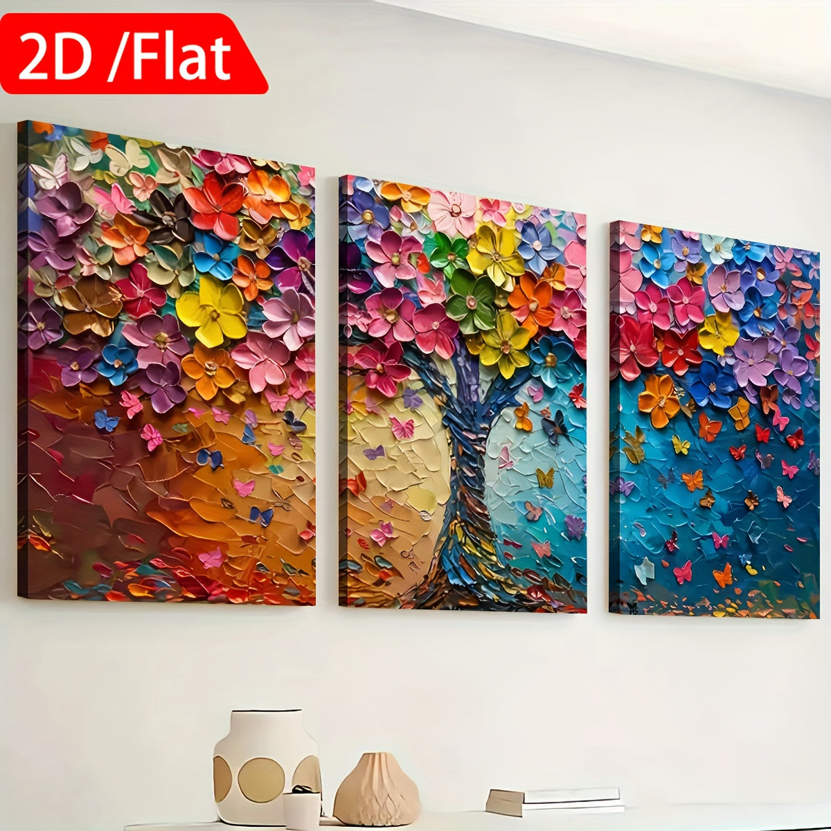 2D Flat 3pcs 2D Flat Printing, Abstract Art Style Tree of Life Landscape, Framed Canvas Painting And Poster, Can Be Hung Directly, Home Decoration, Wall Art, Room Decoration, HD Printing, Holiday Gifts, Living Room, Bedroom,