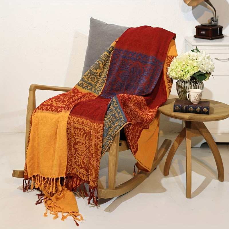 1pc Boho Throw Blanket Nap Blanket Sofa Towel Casual Jacquard Chenille Tassel Blanket Bedspread