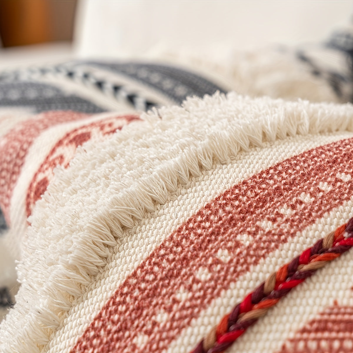 Bohemian Style Woven Throw Pillow Covers with Geometric Patterns and Tassels - Machine Washable Polyester Zippered Square Cushion Cases for Home Decor, Sofa, and Outdoor - 44.96cm Pack of 1