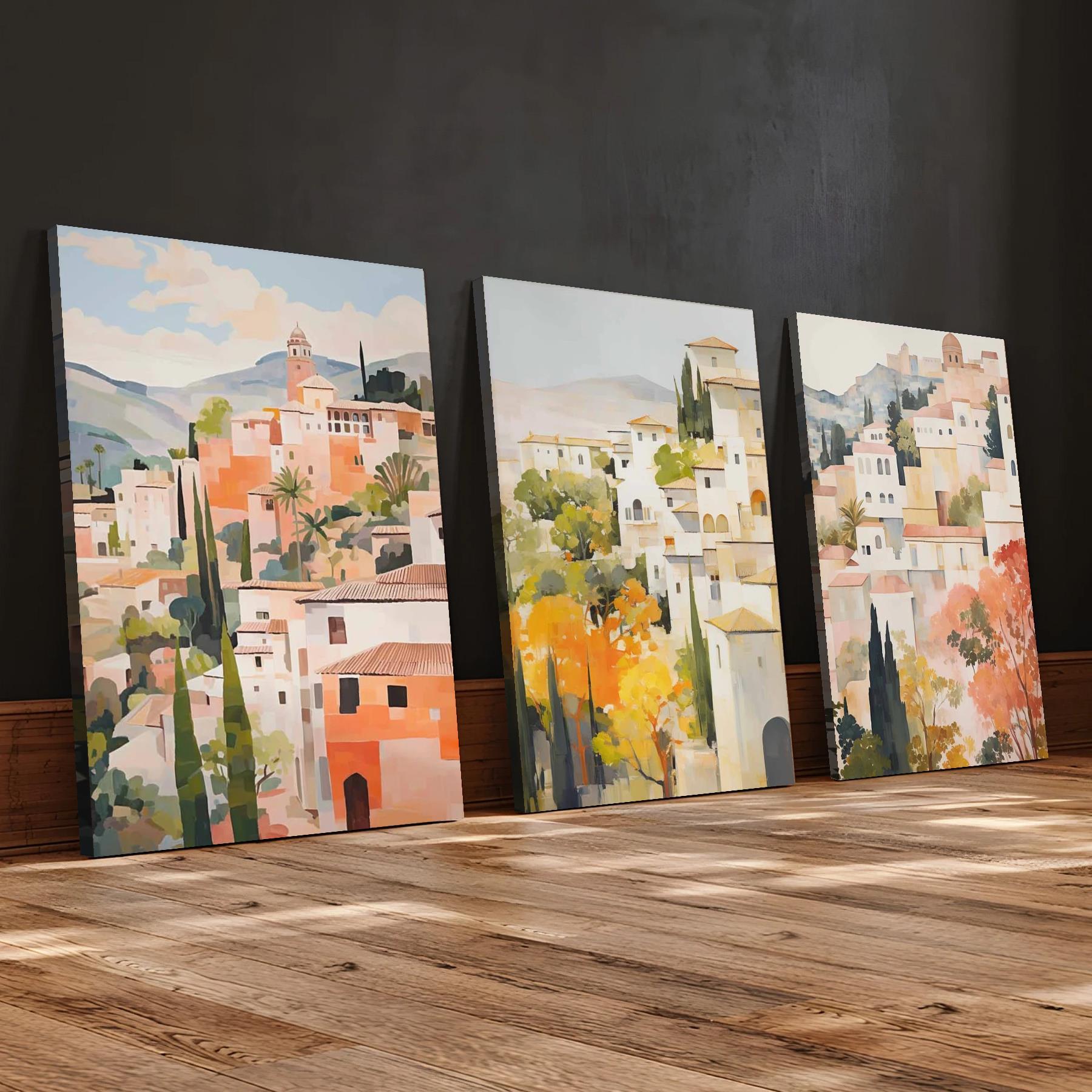 3pcs of Wood Frame Canvas Print Decorative Painting, Granada Spain Posters, Spanish Travel Prints, Spain Travel Art, Floral Wall Art, Spain Art Poster, Tropical Floral Art--Interior Home Wall Decoration Ar