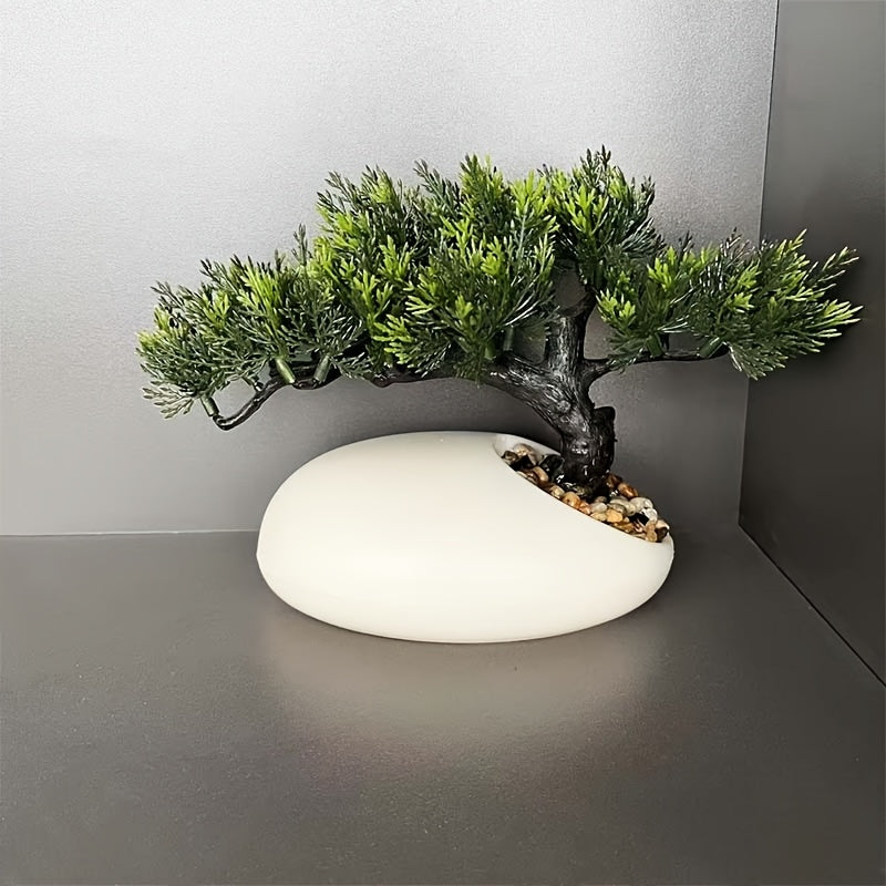 1pc Handmade Artificial Pine Topiary Tree with Lush Green Leaves & Intricate Branches - Realistic Miniature Plastic Plant in Sleek White Pot for Indoor/Outdoor Weddings, Parties, Holidays - All-Season Home & Garden Decor, No