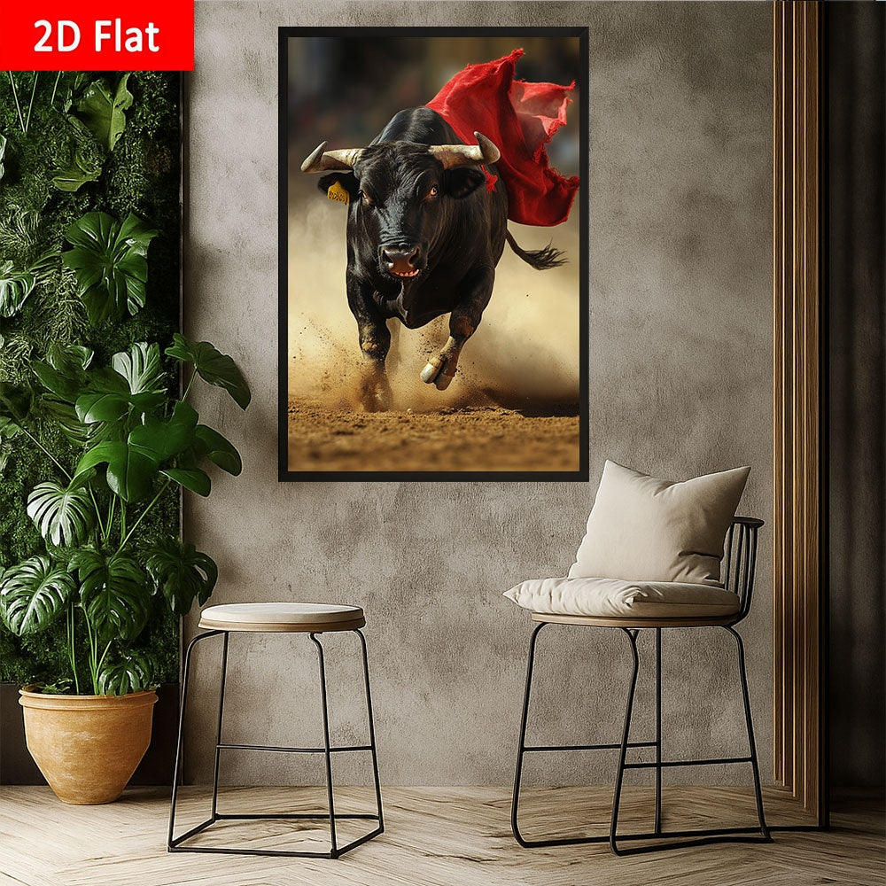 1pc Large Framed Canvas Wall Art - Charging Bull with Red Cape, Dramatic Spanish Painter Style - Ready-to-Hang Office, Living Room, Dining Decor - Perfect Gift for Birthday, Wedding, Housewarming - Canvas Print with Hook Inst