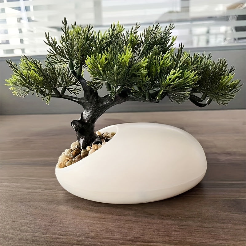 1pc Handmade Artificial Pine Topiary Tree with Lush Green Leaves & Intricate Branches - Realistic Miniature Plastic Plant in Sleek White Pot for Indoor/Outdoor Weddings, Parties, Holidays - All-Season Home & Garden Decor, No