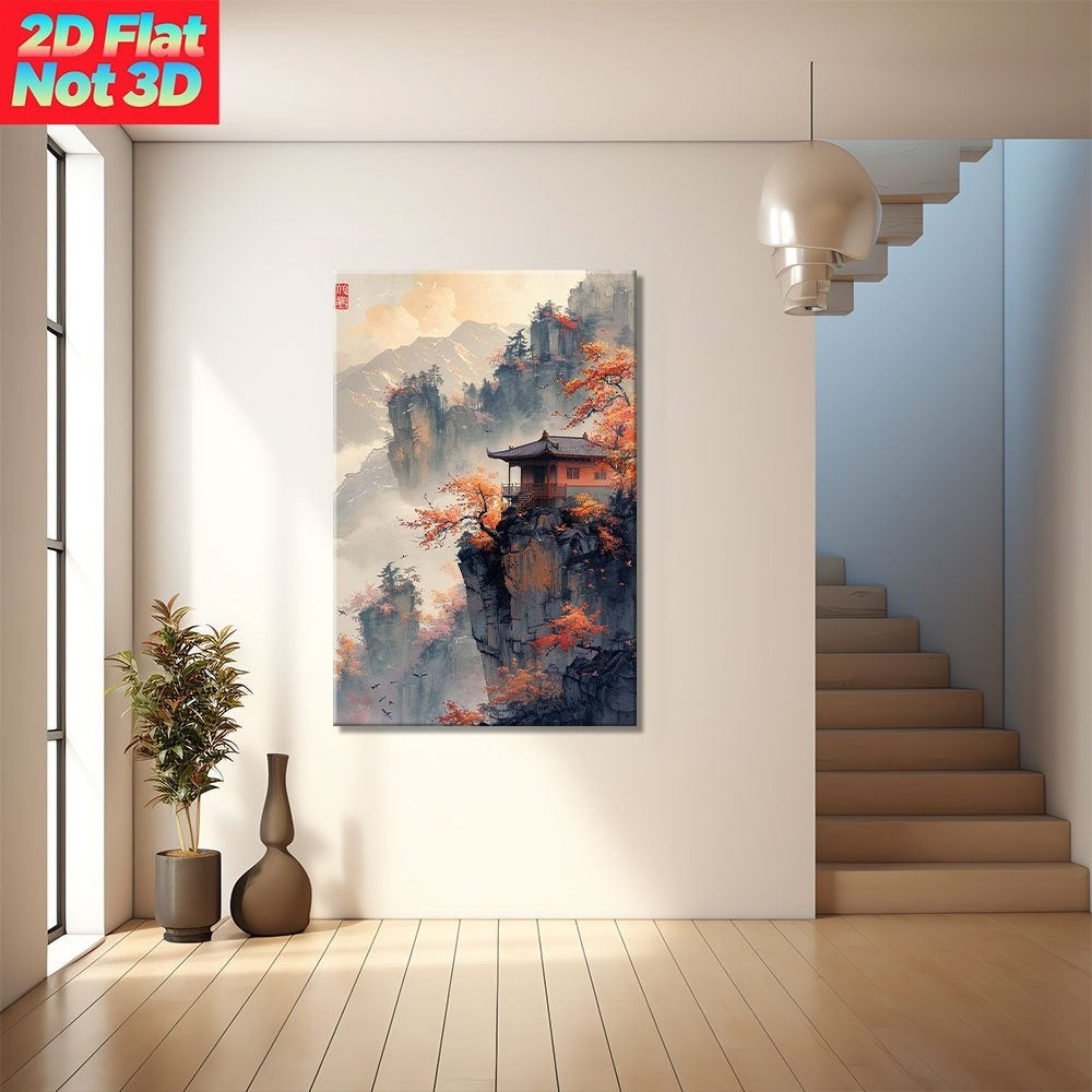 2D Flat, Chinese Mountain Landscape with Red Autumn Trees. Large Wooden Framed Wall Art Home Decor Canvas Painting- for Bedroom, Bathroom, Living Room, Office, Kitchen, Holiday Gift- 1pc, Canvas Wall Art Ready to Hang, Extra
