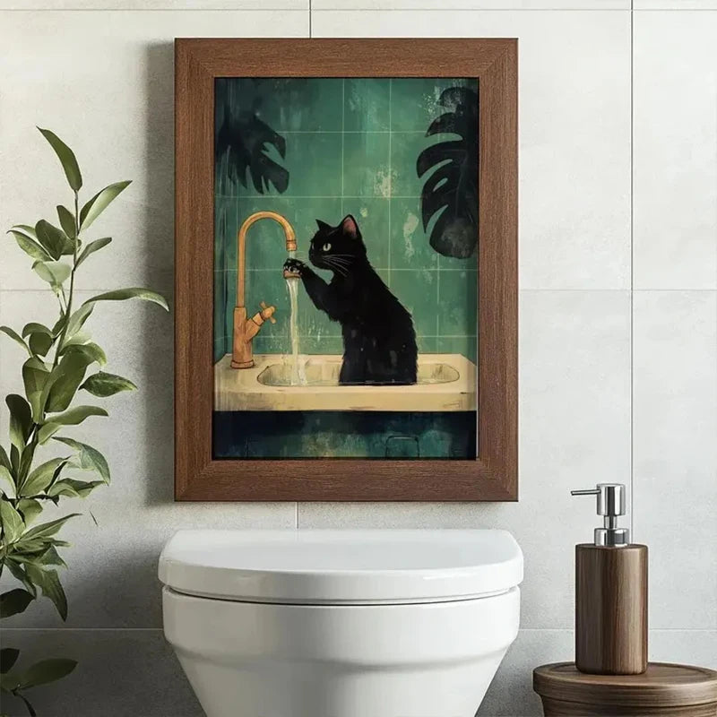 Cuadro Divertido de Gato Verde – Arte para Baño y WC