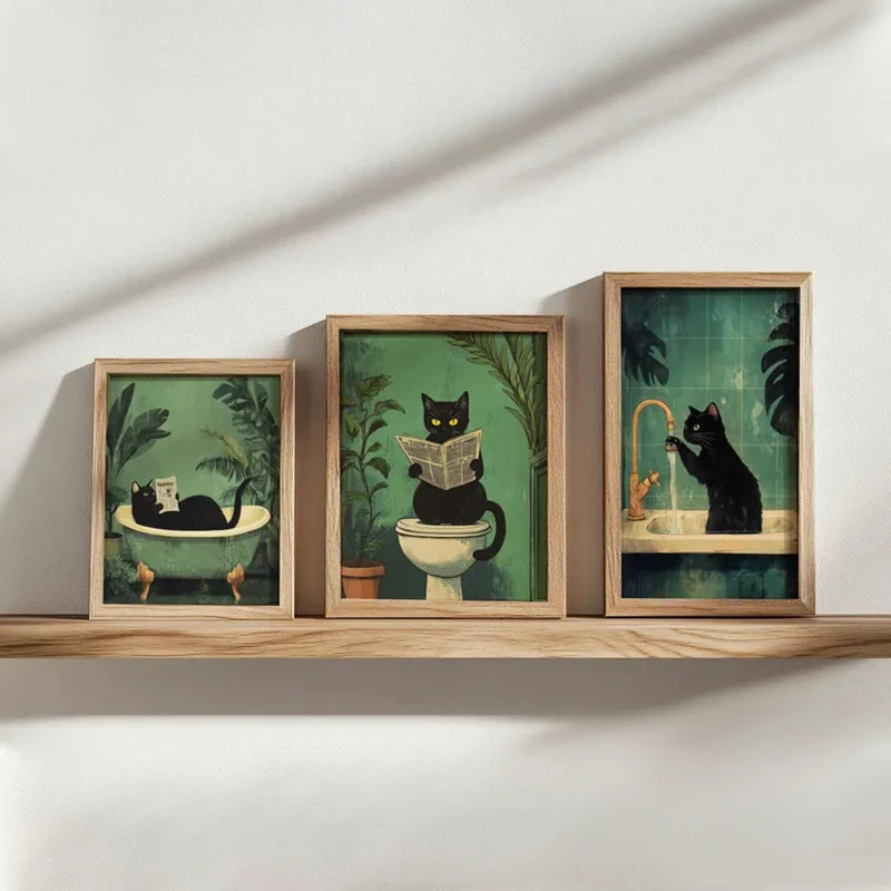 Cuadro Divertido de Gato Verde – Arte para Baño y WC