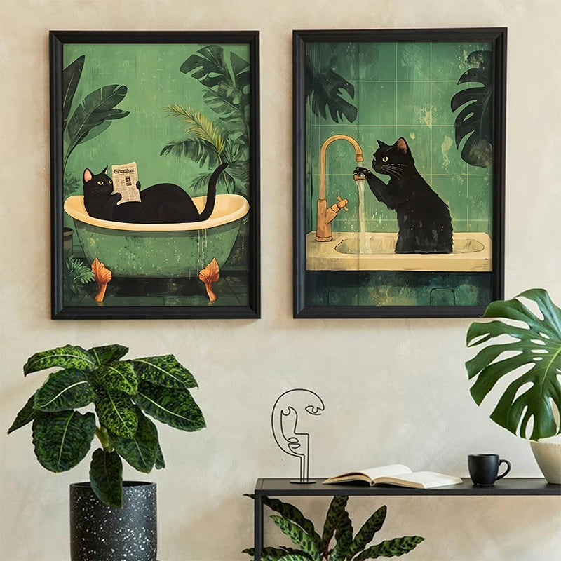 Cuadro Divertido de Gato Verde – Arte para Baño y WC
