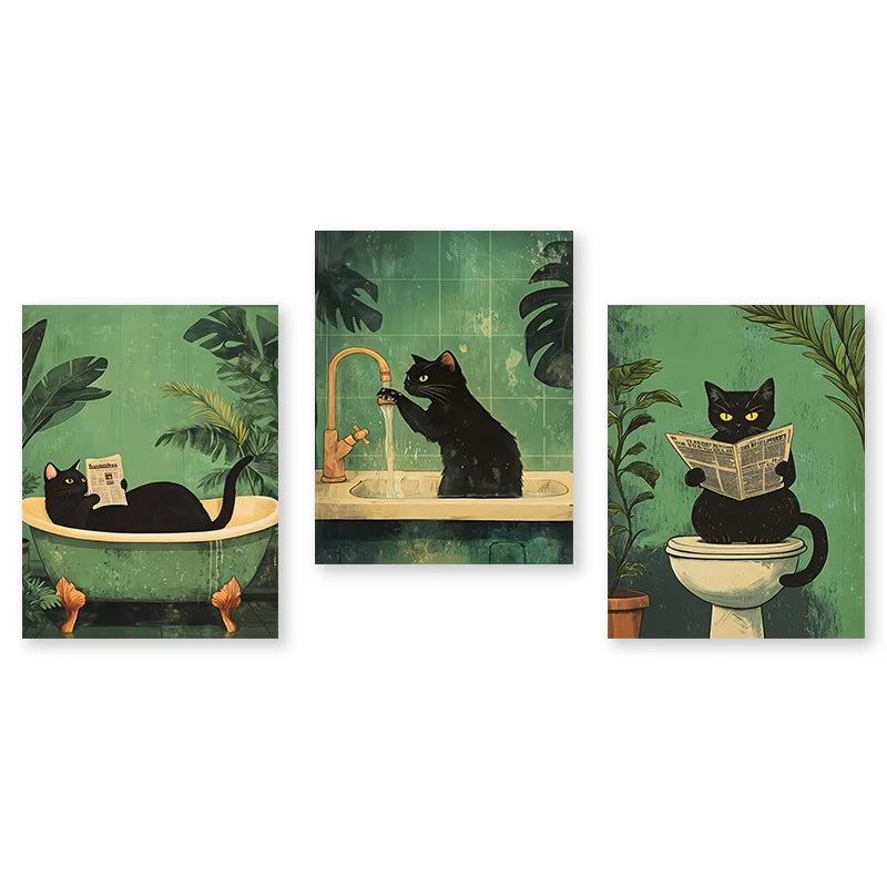 Cuadro Divertido de Gato Verde – Arte para Baño y WC