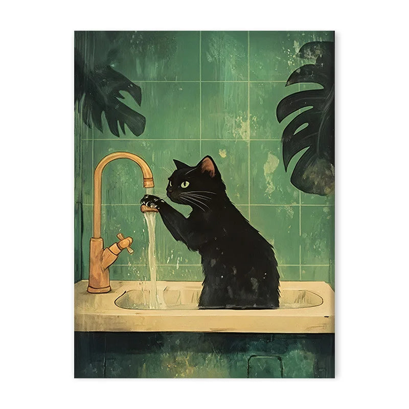 Cuadro Divertido de Gato Verde – Arte para Baño y WC