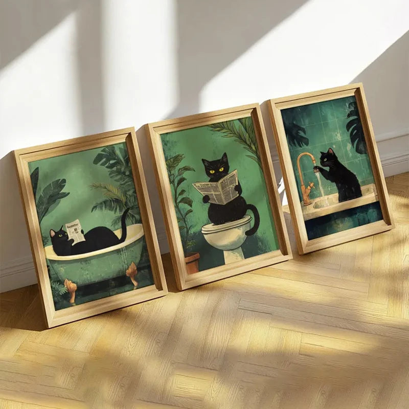 Cuadro Divertido de Gato Verde – Arte para Baño y WC