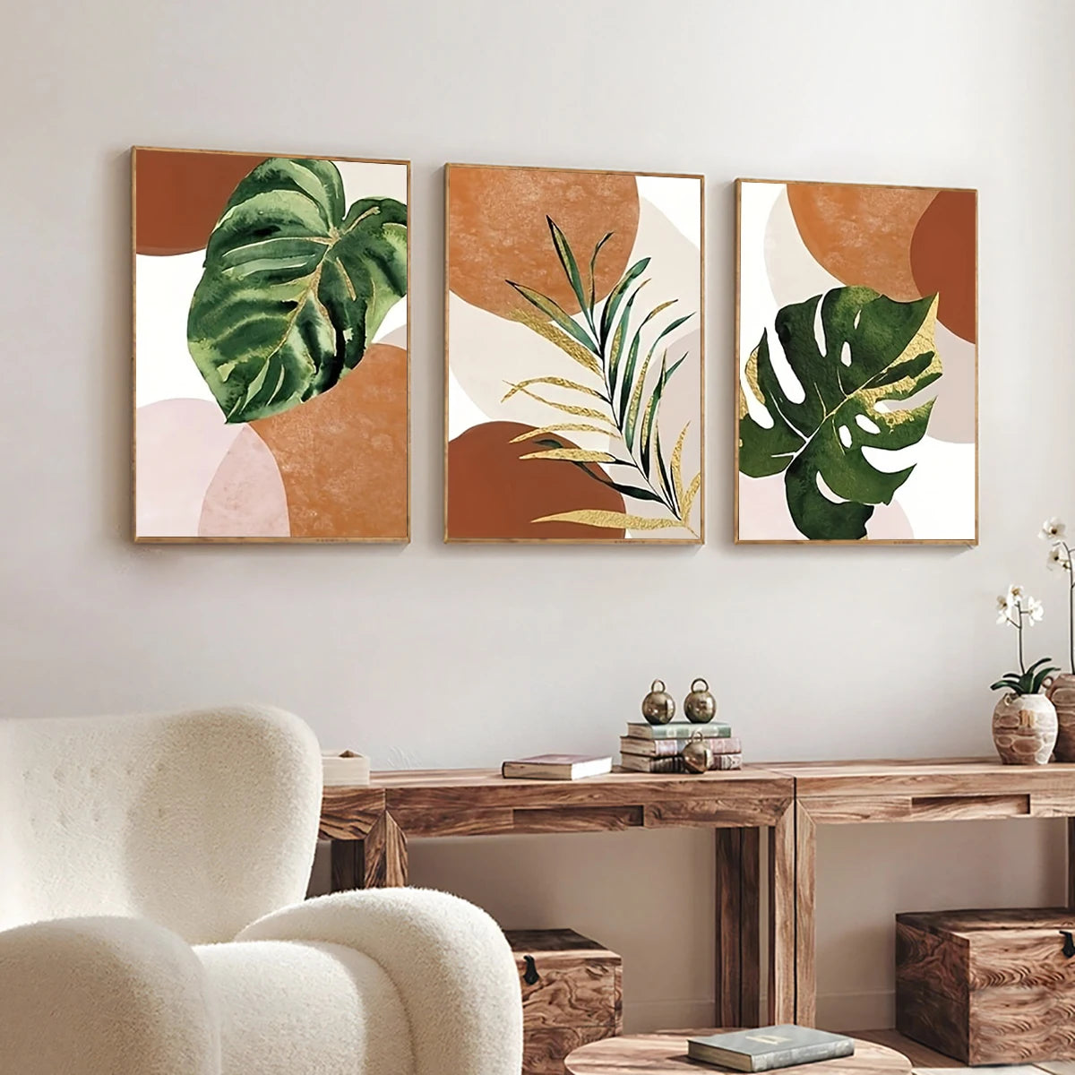 Set de 3 Cuadros de Arte Boho con Hojas de Palma