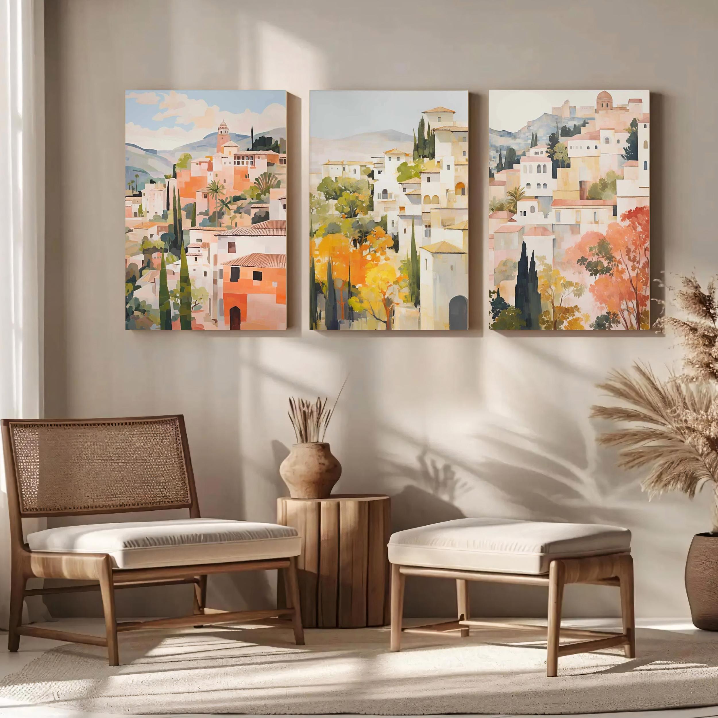 3pcs of Wood Frame Canvas Print Decorative Painting, Granada Spain Posters, Spanish Travel Prints, Spain Travel Art, Floral Wall Art, Spain Art Poster, Tropical Floral Art--Interior Home Wall Decoration Ar