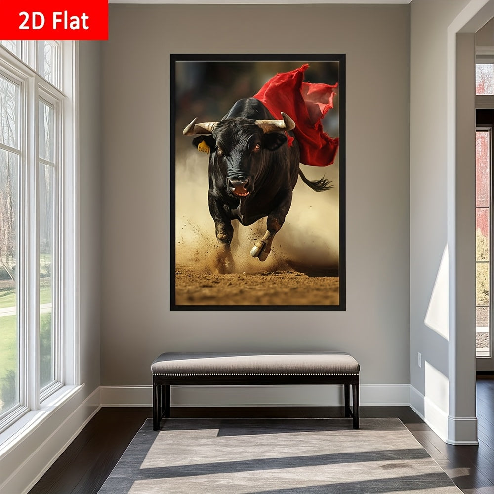 1pc Large Framed Canvas Wall Art - Charging Bull with Red Cape, Dramatic Spanish Painter Style - Ready-to-Hang Office, Living Room, Dining Decor - Perfect Gift for Birthday, Wedding, Housewarming - Canvas Print with Hook Inst