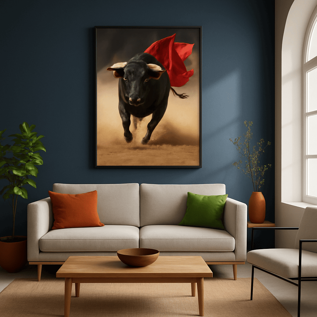 1pc Large Framed Canvas Wall Art - Charging Bull with Red Cape, Dramatic Spanish Painter Style - Ready-to-Hang Office, Living Room, Dining Decor - Perfect Gift for Birthday, Wedding, Housewarming - Canvas Print with Hook Inst