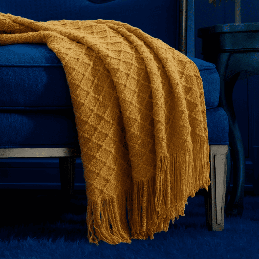 Manta de Acrílico Tejida Suave con Flecos – Diseño Amarillo a Cuadros