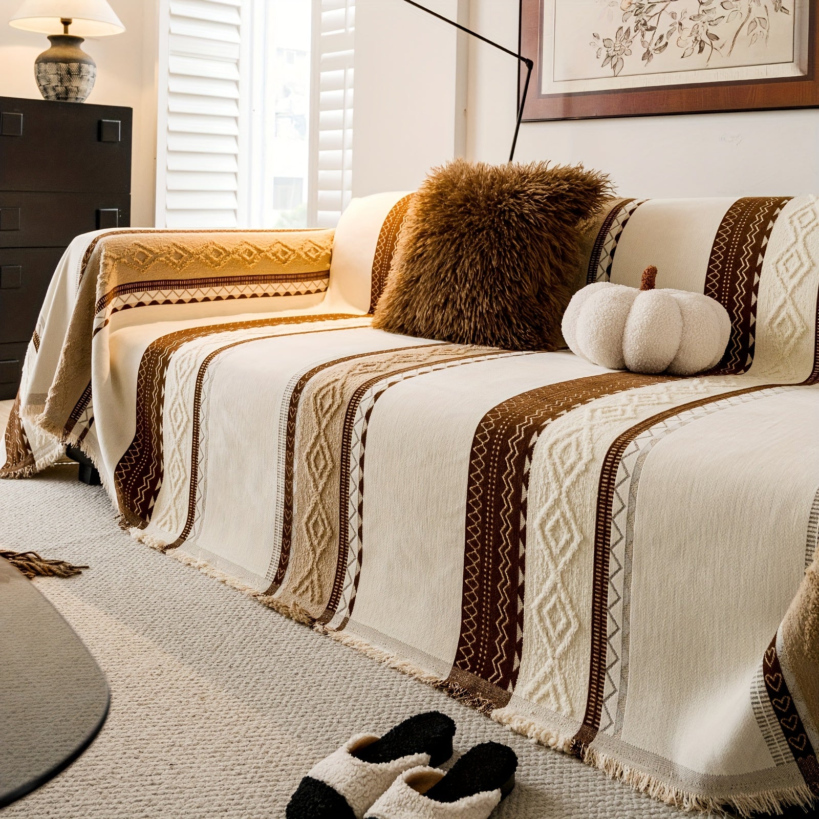 [Stylish Elegance] Bohemian Style Chenille Blend Sofa Throw | Pet-Friendly Jacquard Weave | Multi-Size for Single, Double, Triple & Sectional Sofas | Black and White Geometric Patterns | Machine Washable | Cozy Home Decor, So