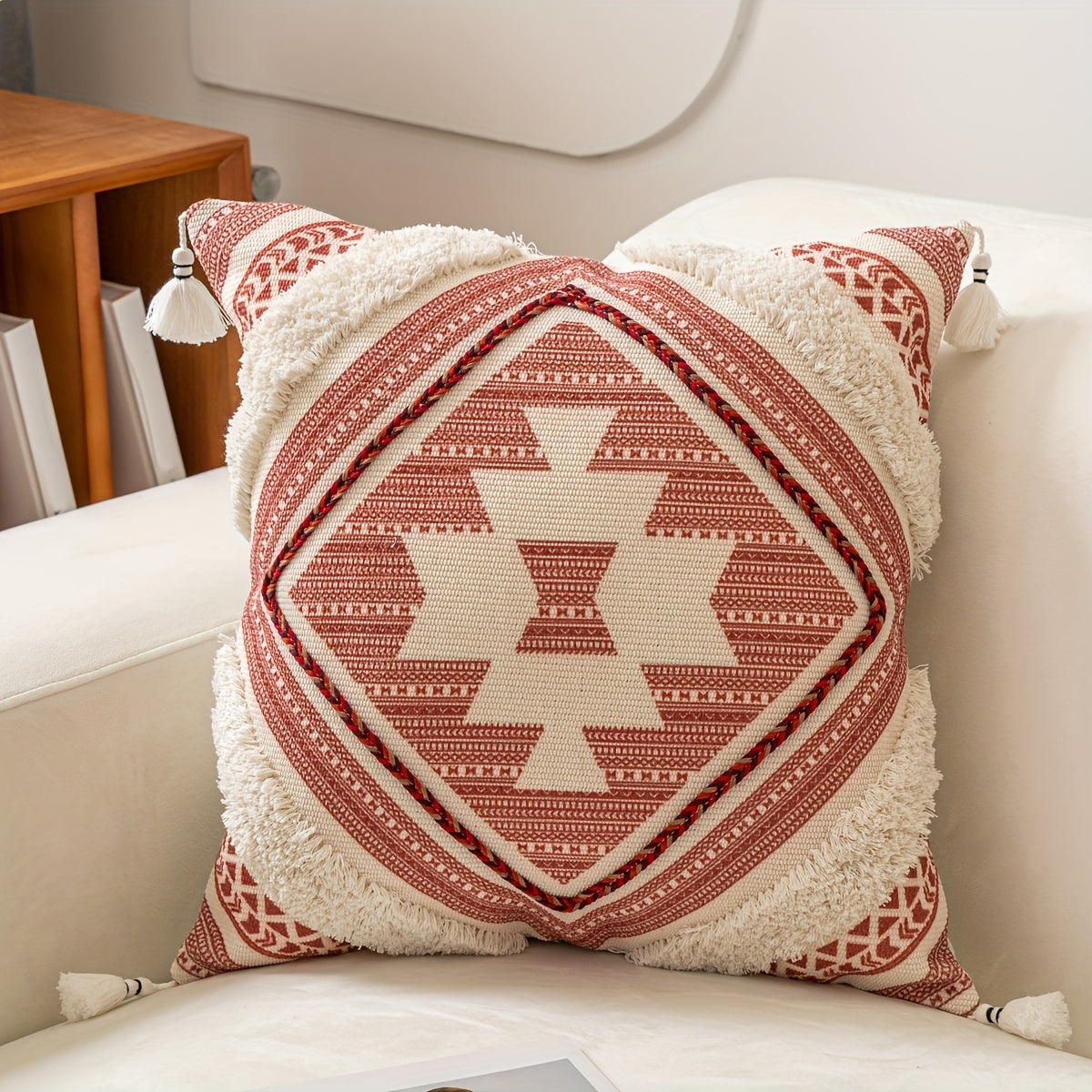 Bohemian Style Woven Throw Pillow Covers with Geometric Patterns and Tassels - Machine Washable Polyester Zippered Square Cushion Cases for Home Decor, Sofa, and Outdoor - 44.96cm Pack of 1