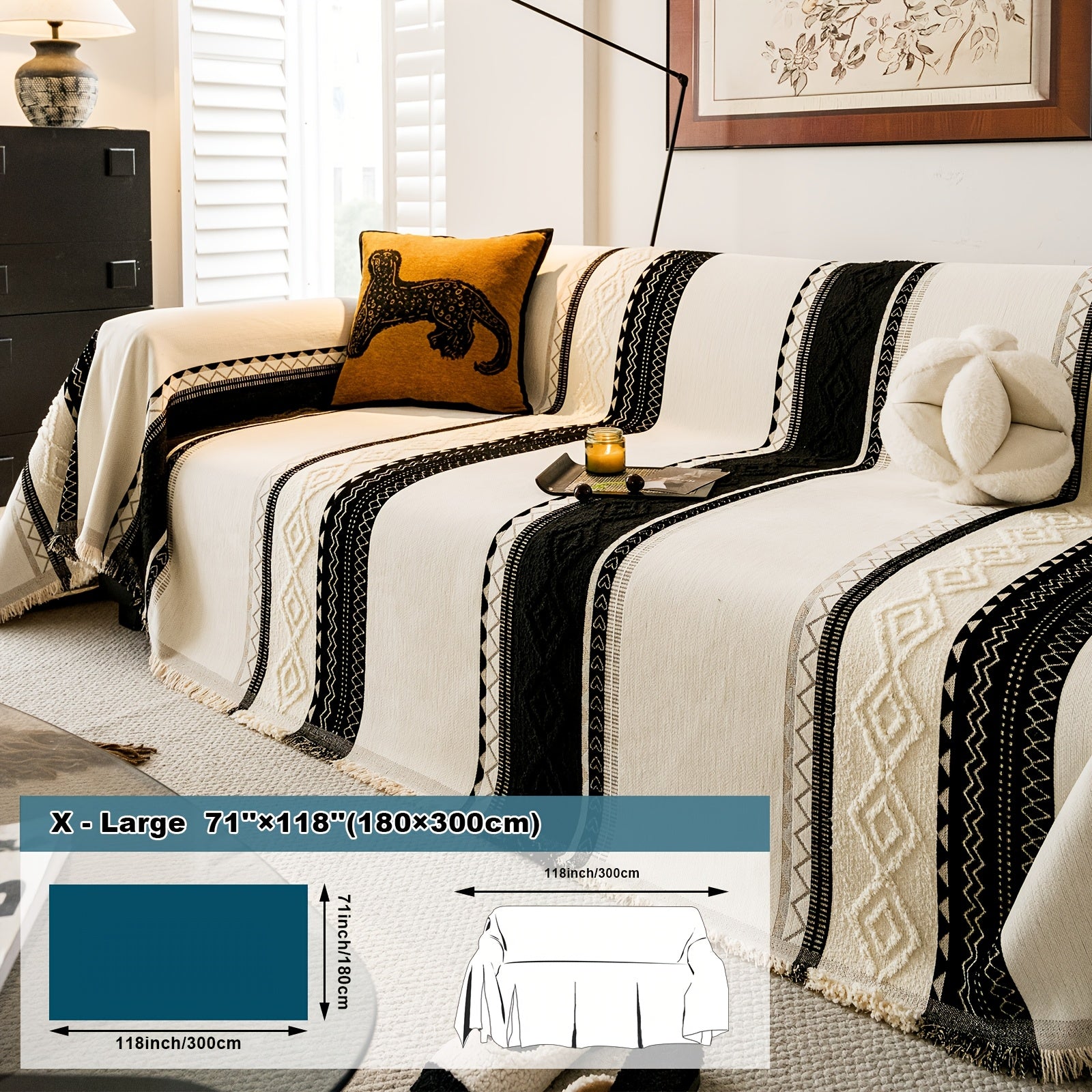 [Stylish Elegance] Bohemian Style Chenille Blend Sofa Throw | Pet-Friendly Jacquard Weave | Multi-Size for Single, Double, Triple & Sectional Sofas | Black and White Geometric Patterns | Machine Washable | Cozy Home Decor, So