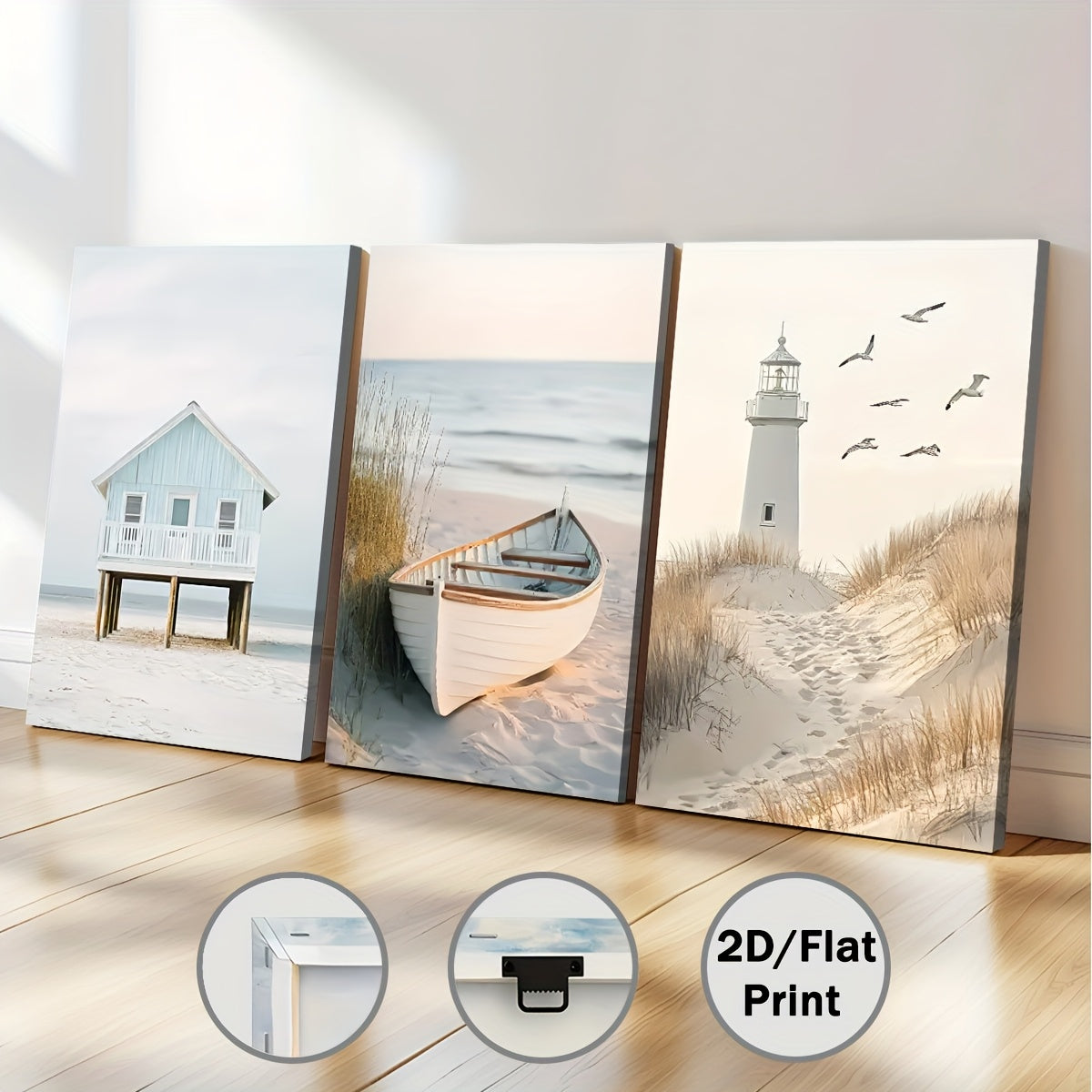 2D Flat, 3pcs 2D/Flat Print, Framed Canvas Painting And Poster, Ready to Hanging, Modern And Simple Seaside Art Scenery, Sailing, Home Decor, Wall Art, Room Decoration, Holiday Gift, Living Room, Bedroom, Dining Room, Office