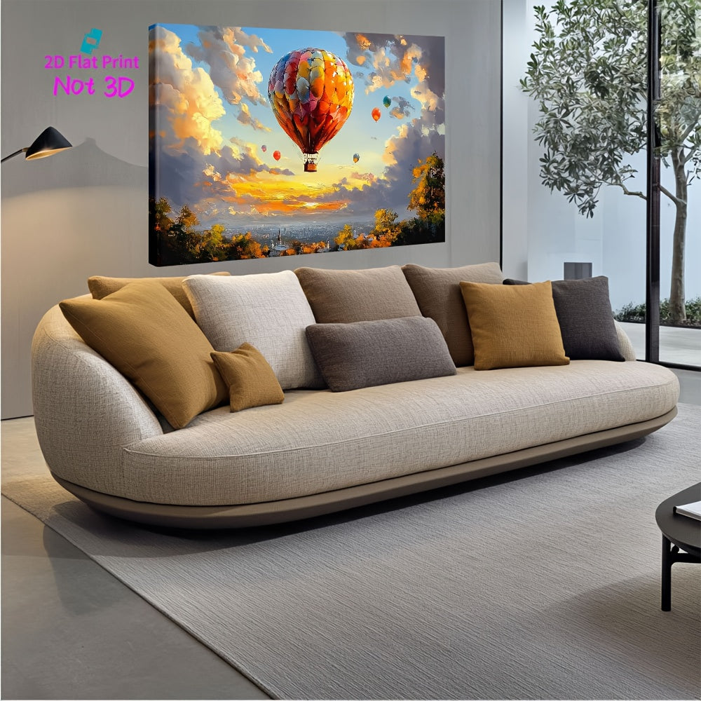 2D Flat, Hot Air Balloons Flying Over A City At Sunset Large Wooden Framed Wall Art Home Decor Canvas Painting- for Bedroom, Bathroom, Living Room, Office, Kitchen, Holiday Gift- 1pc, Office Decor, Home Decoration, Cityscape