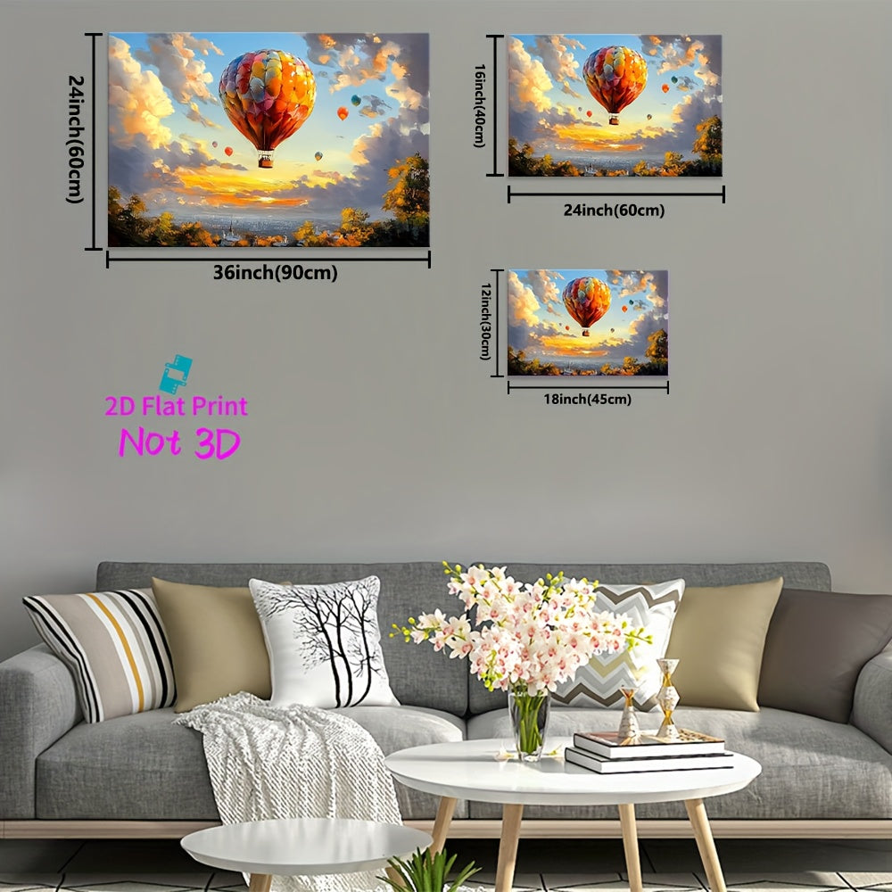 2D Flat, Hot Air Balloons Flying Over A City At Sunset Large Wooden Framed Wall Art Home Decor Canvas Painting- for Bedroom, Bathroom, Living Room, Office, Kitchen, Holiday Gift- 1pc, Office Decor, Home Decoration, Cityscape