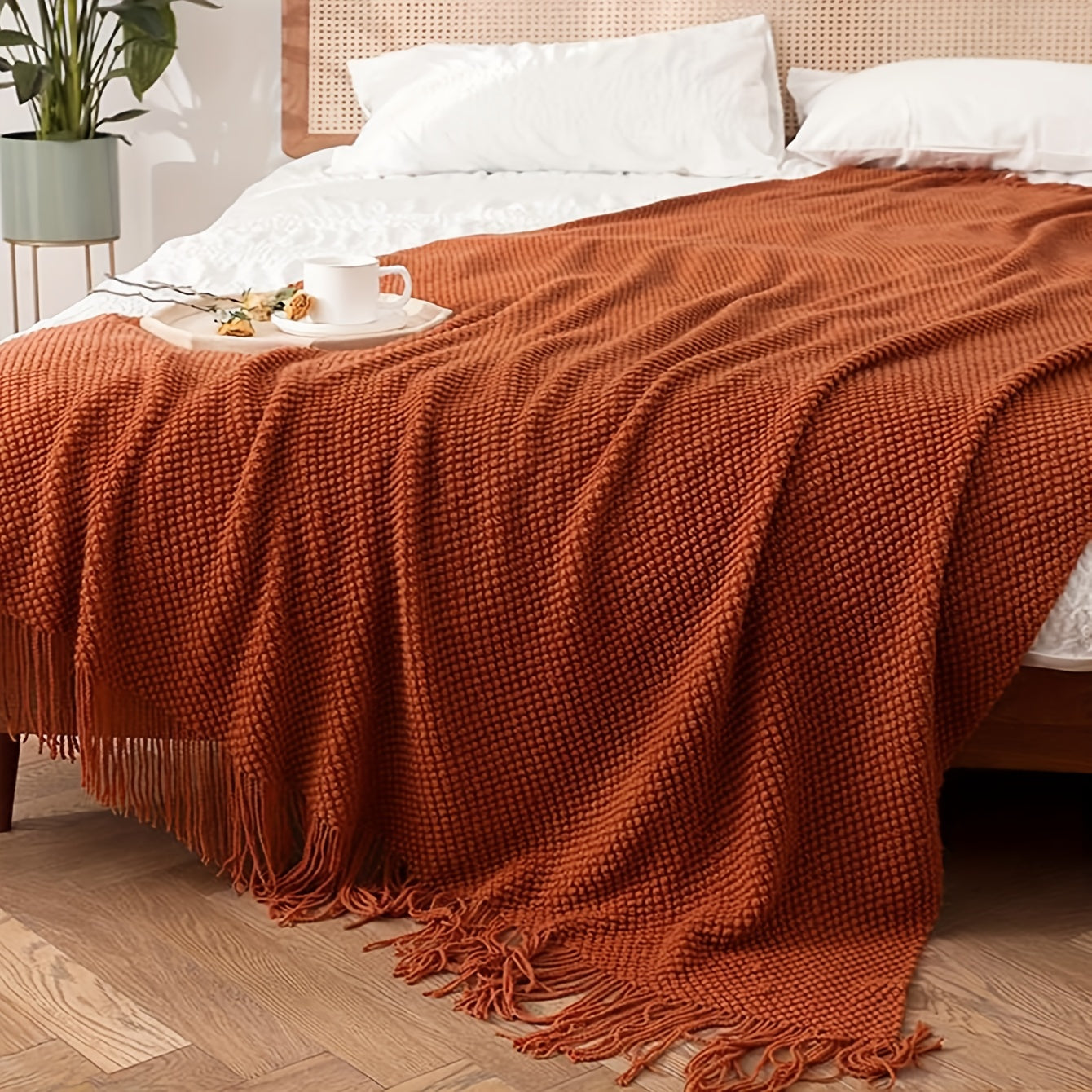 1pc Morandi Orange Knitted Blanket, Soft and Comfortable, Machine Washable