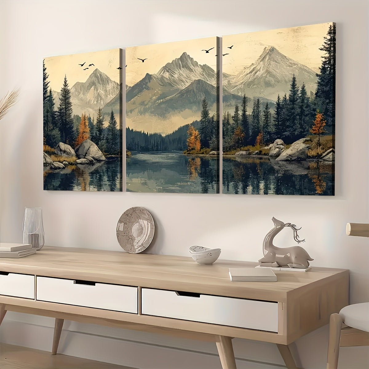 2D Flat, 3pcs 2D/Flat print, Framed canvas painting and poster, Ready to Hanging, Modern Wind Natural Forest Mountain Scenery, Home Decor, Wall art, Room Decor, Printing, Holiday gift, Living Room, Bedroom, Dining Room, Offic